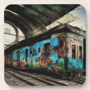 Verlaten trein met graffiti straatkunst bier onderzetter