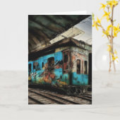 Verlaten trein met graffiti straatkunst kaart (Gele Bloem)
