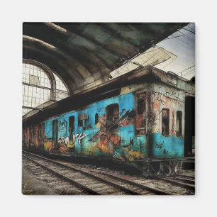 Verlaten trein met graffiti straatkunst magneet