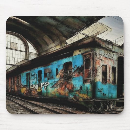 Verlaten trein met graffiti straatkunst muismat (Voorkant)