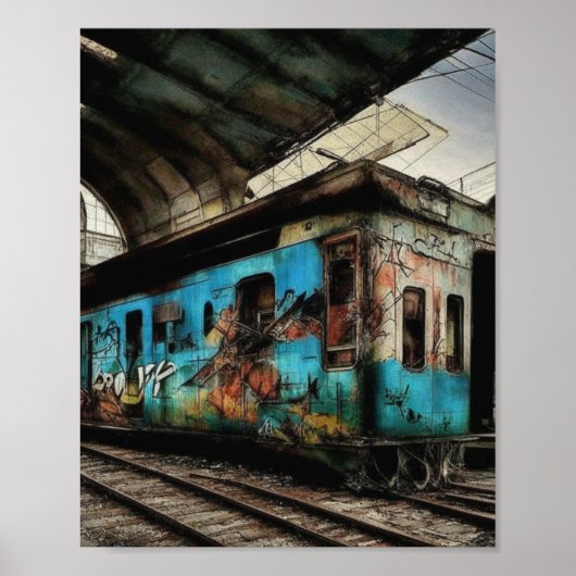 Verlaten trein met graffiti straatkunst poster (Voorkant)