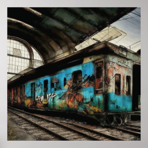 Verlaten trein met graffiti straatkunst poster