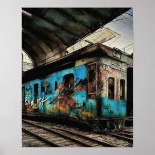 Verlaten trein met graffiti urbane straat kunst poster