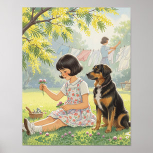 Verleden dagen - Meisje moeder en hond Poster