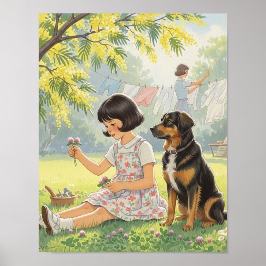 Verleden dagen - Meisje moeder en hond Poster (Voorkant)