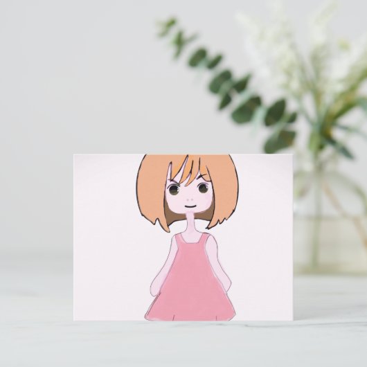 Verlegen glimlach in roze briefkaart (Staand voorkant)