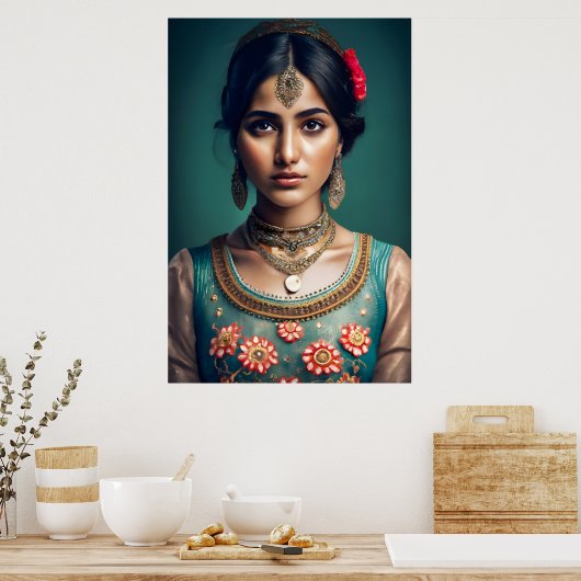 Verlegen indiaans meisje Versierd met gouden ketti Poster (Keuken)