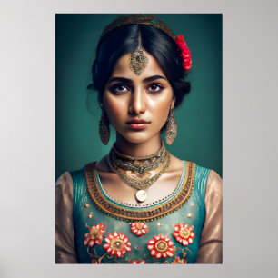Verlegen indiaans meisje Versierd met gouden ketti Poster