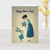 Verlegen Konijn Geeft Mama Bloemen Kaart (Gele Bloem)