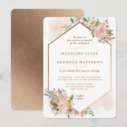 Verleidelijk Roos  Bloemen Hexagon Lijst Bruiloft Kaart (Voorkant / Achterkant)