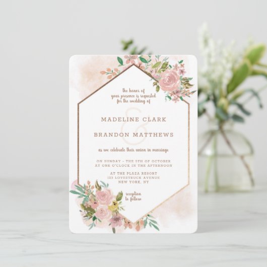 Verleidelijk Roos Bloemen Hexagon Lijst Bruiloft Kaart (Staand voorkant)