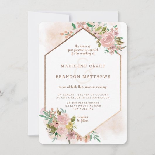 Verleidelijk Roos Bloemen Hexagon Lijst Bruiloft Kaart (Voorkant)