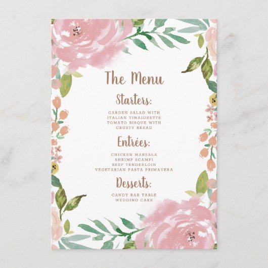 Verleidelijk Roos  Stoffig Roze Bloemendiner Menu (Voorkant)