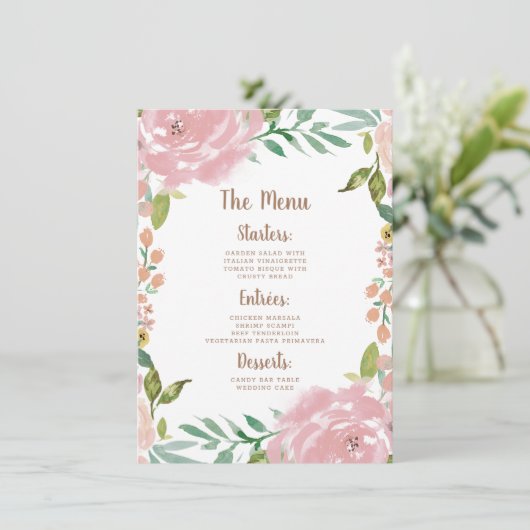 Verleidelijk Roos  Stoffig Roze Bloemendiner Menu (Staand voorkant)