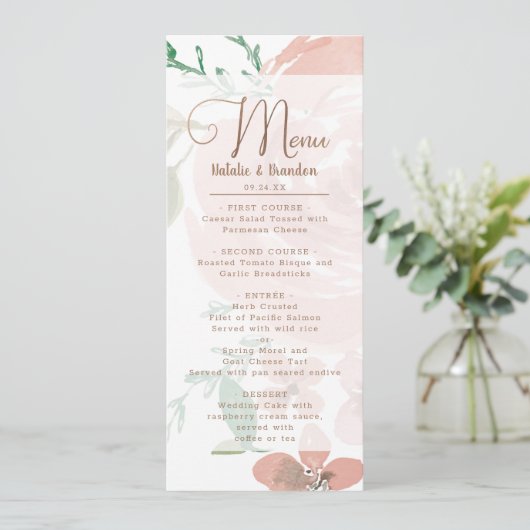 Verleidelijk Roos  Stoffig Roze Bloemendiner Menu (Staand voorkant)