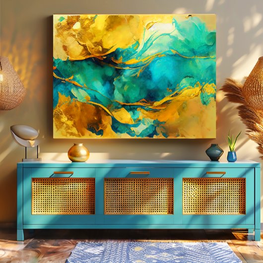 Verleidelijke Blues en Gouden Abstracte Canvas Afdruk