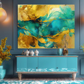 Verleidelijke Blues en Gouden Abstracte Canvas Afdruk