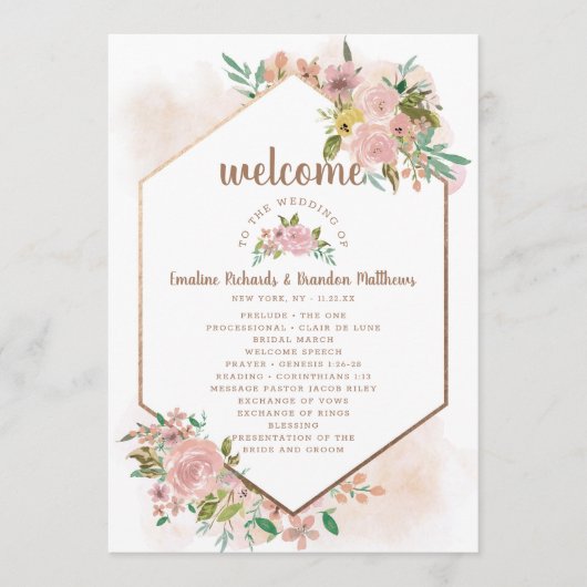 Verleidelijke Roze Antieke Stof Roze Trouwceremoni Programmakaart (Voorkant)