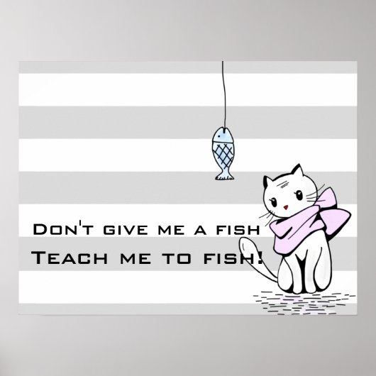 Verleidelijke Witte Kat & Vis Poster (Voorkant)