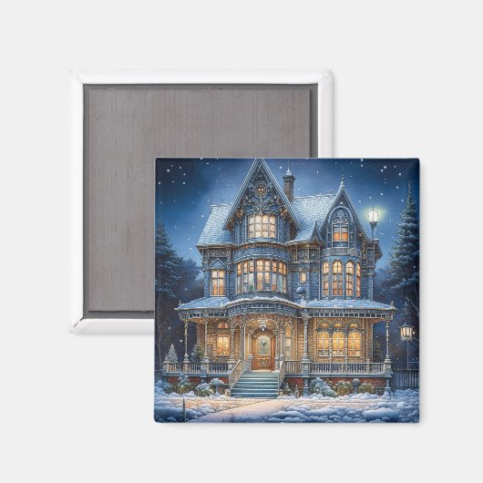 Verlicht huis op een kerstavond magneet (Voorkant / Achterkant)