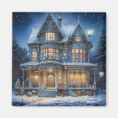 Verlicht huis op een kerstavond magneet (Voorkant)
