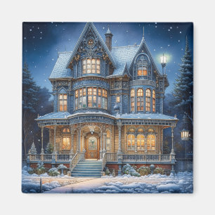 Verlicht huis op een kerstavond magneet