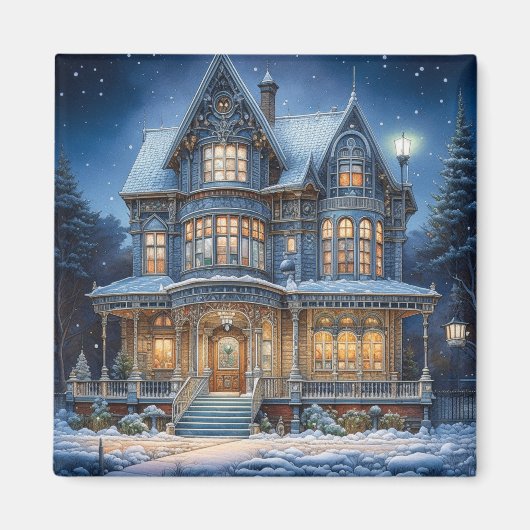 Verlicht huis op een kerstavond magneet (Voorkant)