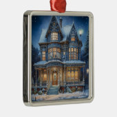 Verlicht huis op een kerstavond metalen ornament (Rechts)