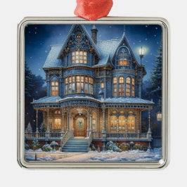 Verlicht huis op een kerstavond metalen ornament