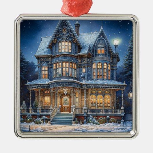 Verlicht huis op een kerstavond metalen ornament (Voorkant)