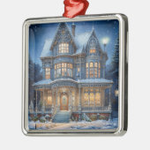 Verlicht huis op een kerstavond metalen ornament (Links)