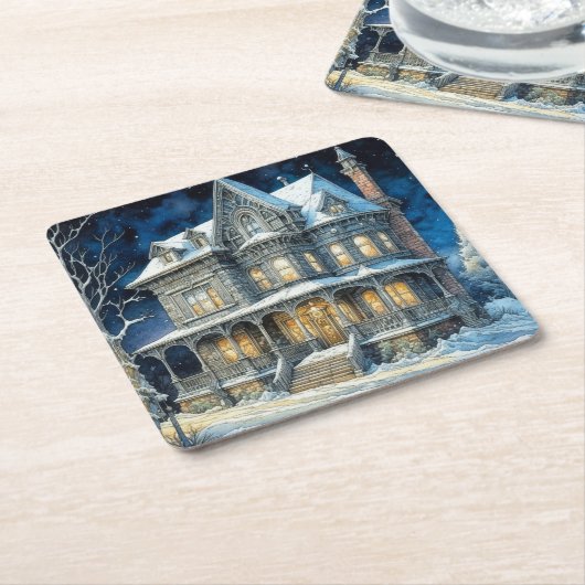 verlicht kersthuis kartonnen onderzetters (Schuin)