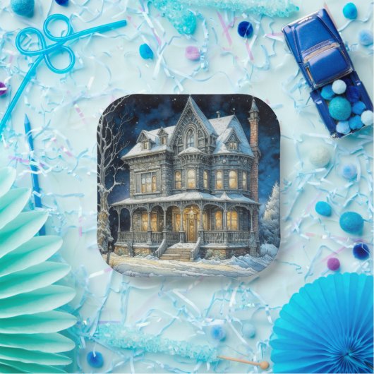 verlicht kersthuis papieren bordje (Feest)