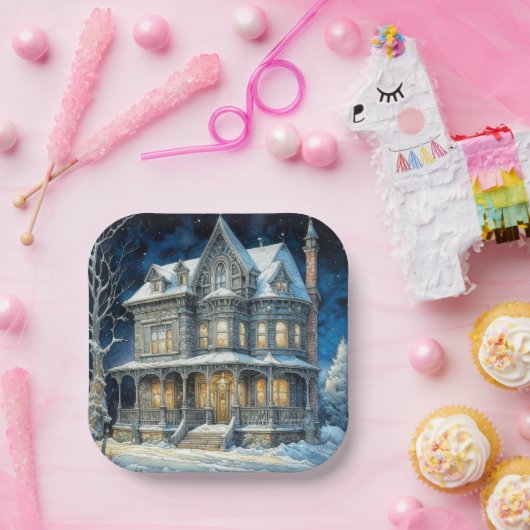 verlicht kersthuis papieren bordje (Feest)