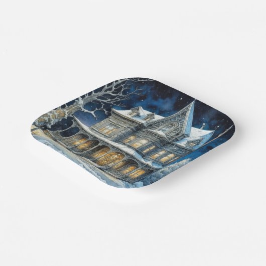  verlicht kersthuis papieren bordje (Gebogen)