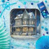  verlicht kersthuis papieren bordje (Feest)