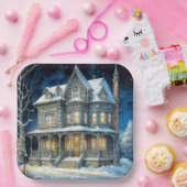  verlicht kersthuis papieren bordje (Feest)