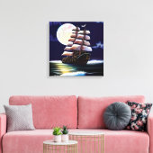 Verlicht schip op de oceaan onder de maan canvas afdruk (Insitu (Woonkamer))