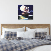 Verlicht schip op de oceaan onder de maan canvas afdruk (Insitu (Slaapkamer))