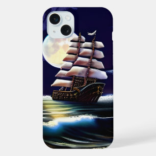 Verlicht schip op de oceaan onder de maan iPhone 15 plus case
