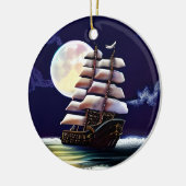 Verlicht schip op de oceaan onder de maan keramisch ornament (Links)
