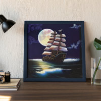 Verlicht schip op de oceaan onder de maan