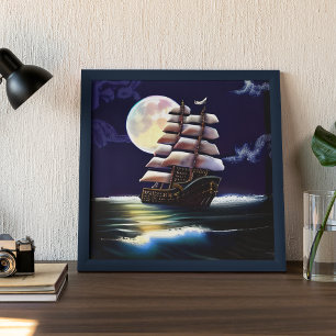 Verlicht schip op de oceaan onder de maan poster