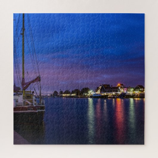 Verlichtde haven van Volendam 's nachts Legpuzzel (Verticaal)