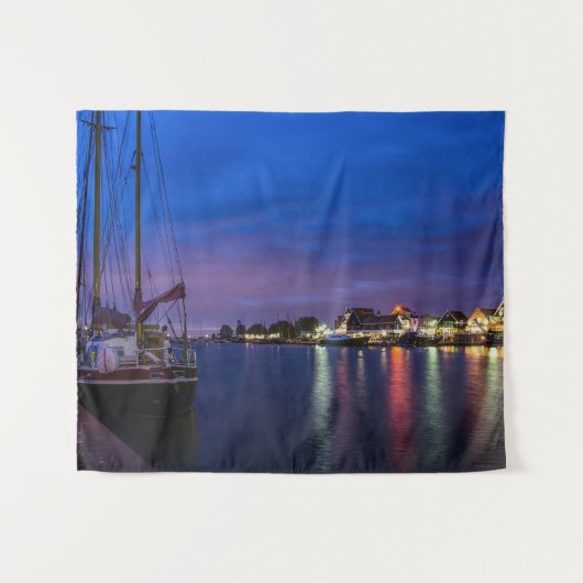 Verlichtde haven van Volendam 's nachts Wandkleed (Voorkant (horizontaal))