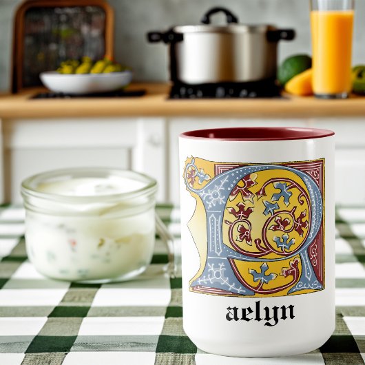 Verlichtde middeleeuwse blauwe en rode ijsheek let mok