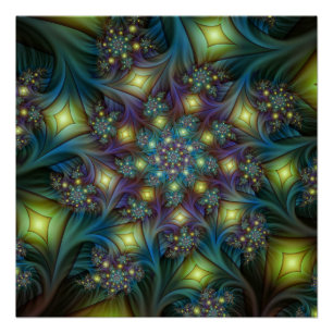 Verlichte Abstracte Glanzende Teal Paarse Fractale Poster