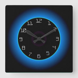 Verlichte blauwe/aquablauwe wandklok op zwart>