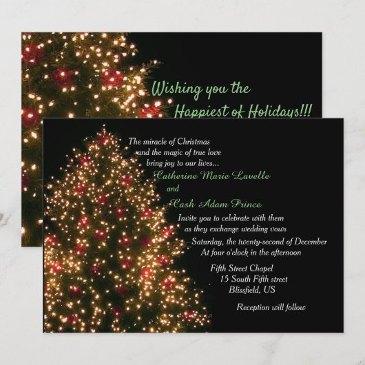 Verlichte boom op zwarte kerstbruiloft kaart (Voorkant / Achterkant)