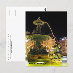 Verlichte fontein en zeemeermin. Rossio, Lissabon Briefkaart